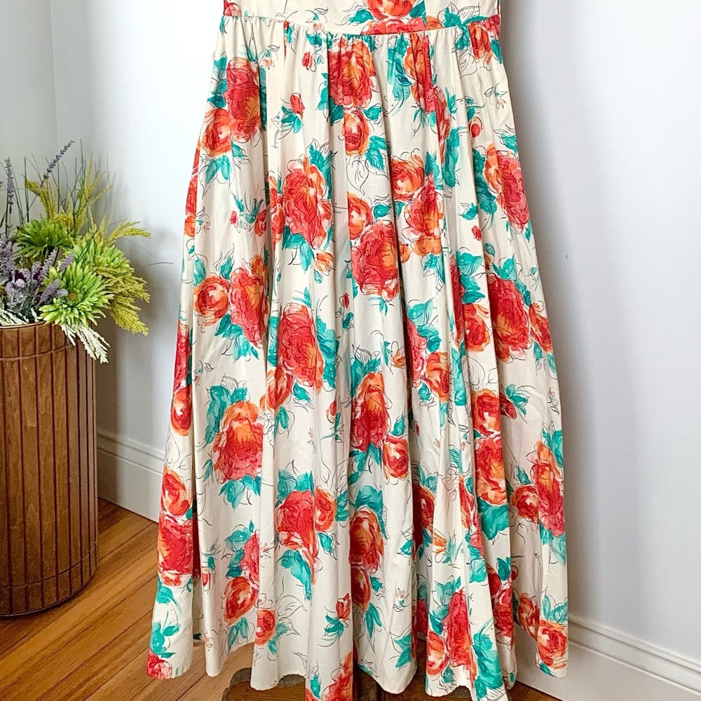 Laura Ashley Cream Floral Midi Dress with Red & Teal Flowers - Picture 9 of 15